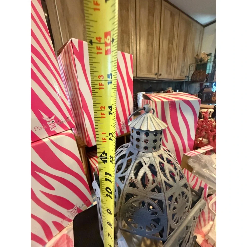 Pink Zebra Simmering Light Lantern Distressed Gray Metal Floral Butterfly 14in